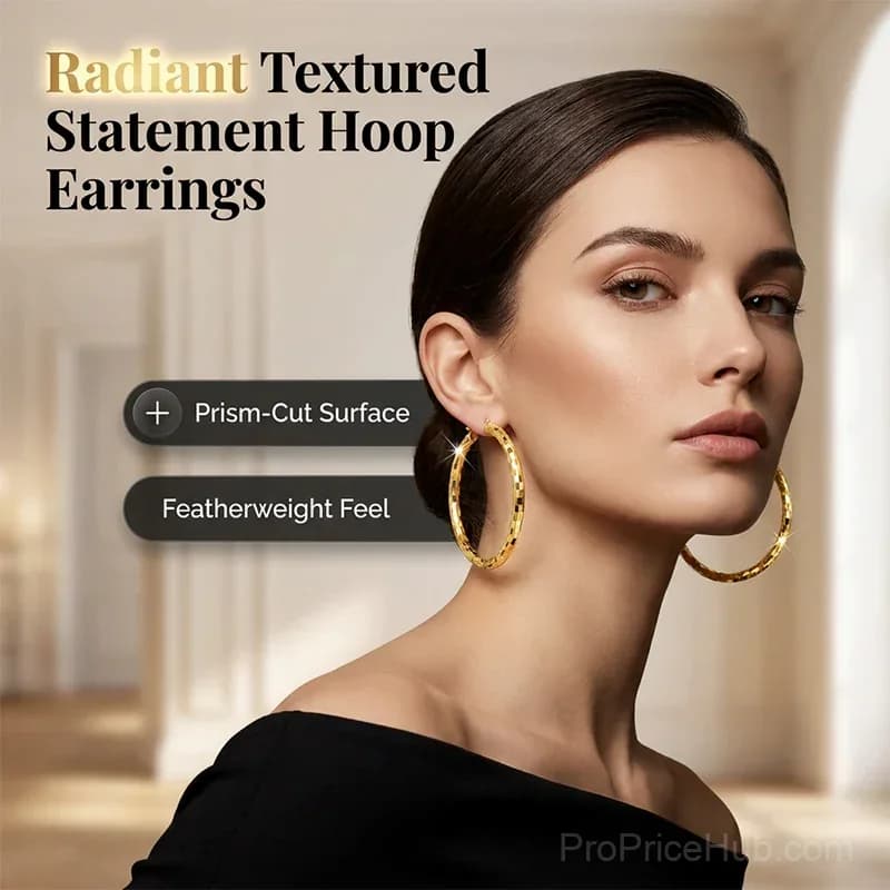 Women's Minimalist Textured Hoop Earrings - Diamond-Cut, Snap Closure - View 2