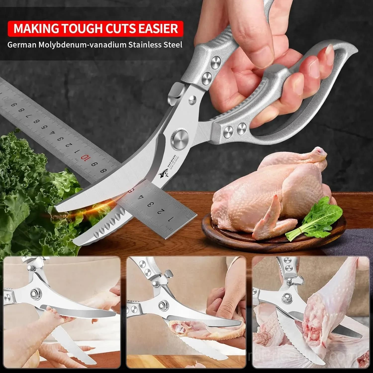 Heavy-Duty Kitchen Shears: 4-in-1, Fish Scaler, Bottle Opener, Safety Lock - View 2